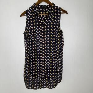 J Crew Shirt Womens 2 Navy Blue Heart Print Sleeveless 100% Silk Blouse Top
